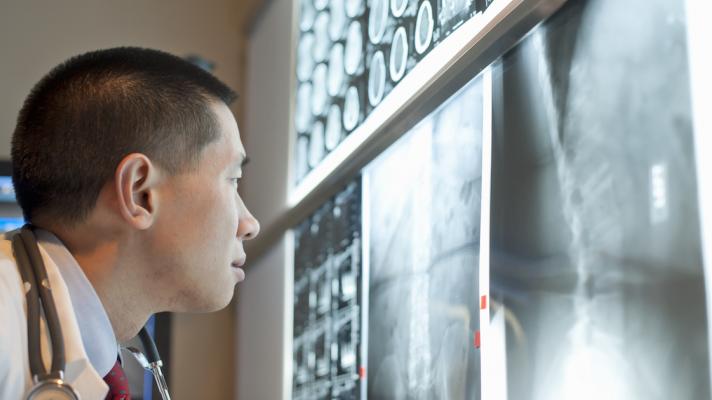 Healthcare provider analyzing diagnostic images hanging on a wall